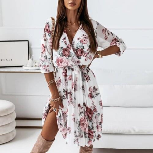 Chiffon A Line Pleated Knee Dress Women Fashion Autumn Newest V Neck Floral Print Belted Folds Dress Ladies Party Vestidos 2021