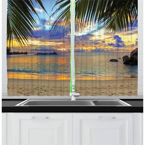Tropical Kitchen Curtains Exotic Beach in Sundown Hawaii Palm Trees Foliage Idyllic Summer Nature Photography Window Decor