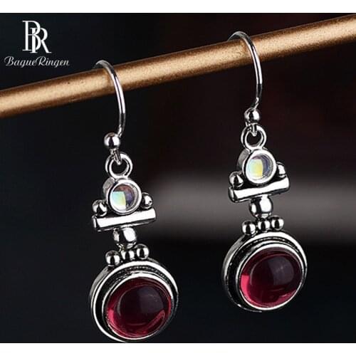 Bague Ringen Thai Silver 925 Drop Earrings Jewelry With Red Round Moonstone Gemstone Vintage Earrings for Party Anniversary Gift