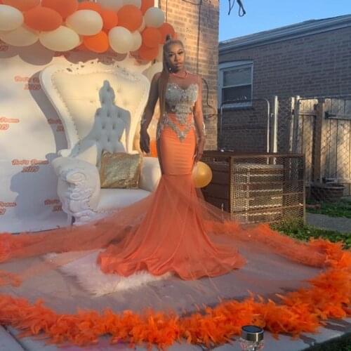 South African Orange Mermaid Prom Dresses Sheer Neck Long Sleeves Appliques Beads Feather Sweep Train Robe Formal Party Dress