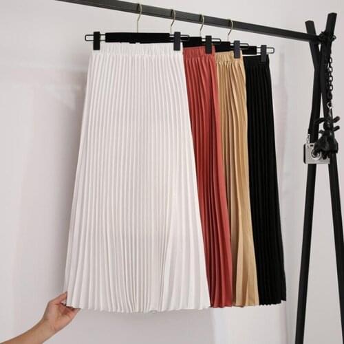 2020 Women White Chiffon Skirts Elastic High Waist Solid color Long Skirts Female Elegant A-line Pleated Skirt Saias Femme