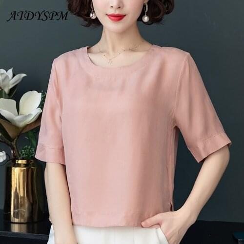 High Quality Women Silk Shirts Blouses Simple Short Sleeve O Neck Summer Top Casual Tee Shirt Loose Streetwear Womens Clothing