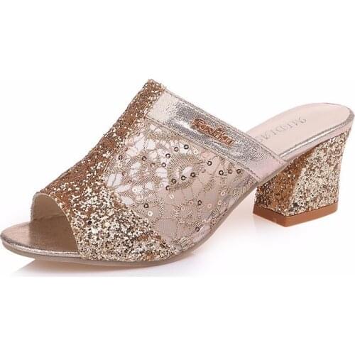 Fashion Womens Slippers 2021 Summer New Fish Mouth Mid-heel Sequined Sequin Casual Shoes Large Size 43 Sandals