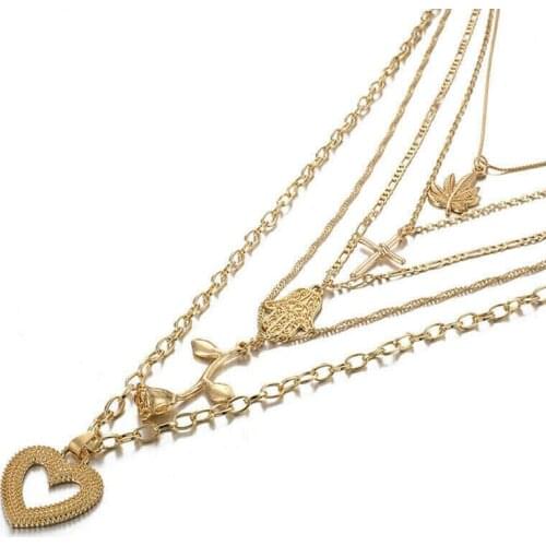 Charm Women Heart Necklace Rose Multilayer Womens Necklace Cross Rose Love Pendant Combination Necklace