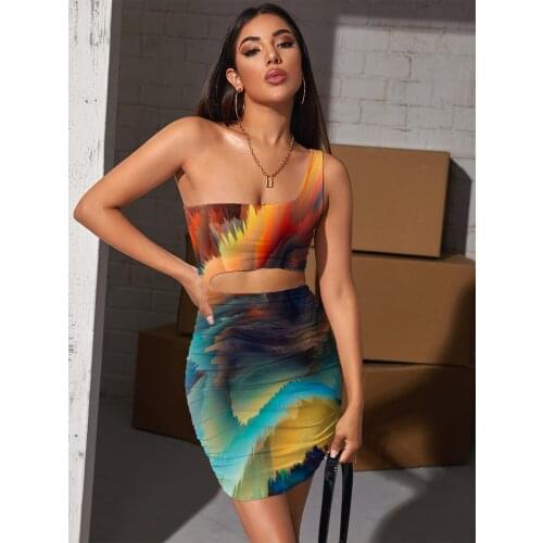 Giyu Brand Graffiti Dresses Women Colorful Pleating Dizziness Bodycon Dress Pigment Hollow out Dresses Womens Clothing Club