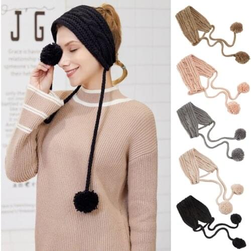 Winter Cable Knit Earmuffs Headband Solid Color Pompom Chin Strap Chunky Crochet Thermal 2 In 1 Scarf Earflap Warmer