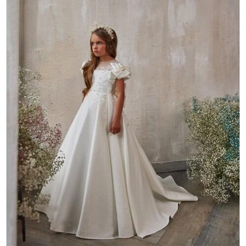 Ivory Satin Flower Girls Dresses With Bow Sash First Communion Dress For Little Kids Party Birthday Dress Pageant Gown