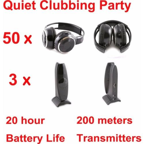 Silent Disco complete system black folding wireless headphones - Quiet Clubbing Party Bundle (50 Headphones + 3 Transmitters)
