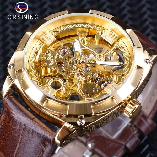 Forsining 2018 Royal Golden Flower Transparent Brown Leather Band Men Creative Watch Male Clock Waterproof Mechanical Wristwatch