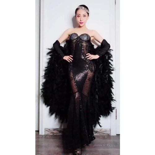 Black Sparkly Crystals See Through Mesh Long Trains Feather Dress Birthday Celebrate Stones Dress Fringes Costume Dance Outfit