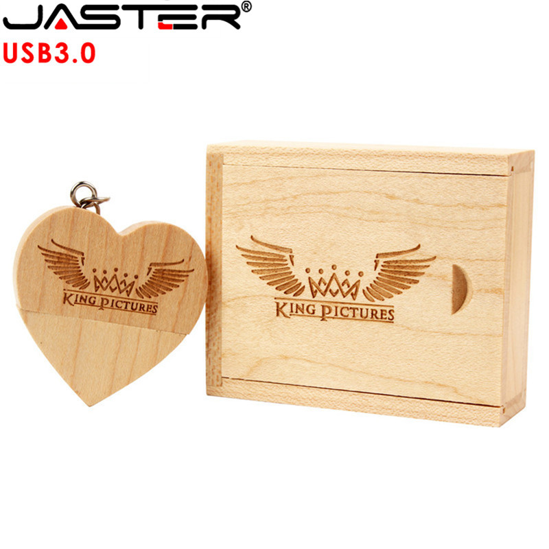 JASTER USB 3.0 Wooden Heart Flash Drive + Packing Box Pendrive 64GB 16GB 32GB 8GB Photography Wedding Gift 1PCS Free Custom logo
