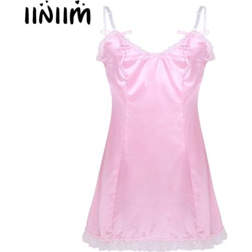 Men Adults Novelty Exotic Dresses Sexy Male Nightwear Satin Straps Low Back Sissy Baby Fancy Costume Clubwear Vintage Slip Dress