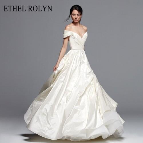 Elegant Satin Wedding Dress 2021 With Folden V-Neckline Off The Shoulder ETHEL ROLYN Bride A-Line Bridal Gown Vestido De Noiva