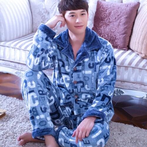 H5868 Men Pajamas Suit Autumn Winter Thickened Flannel Long Sleeve Sleepwear Male Coral Velvet Home Clothes Easy Nightgown Set