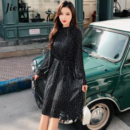 Jielur Chiffon Pleated Dress Plus Size Women Dot Print with Lace Up Spring Autumn Elegant Skinny Fashion Long Sleeve Vestidos