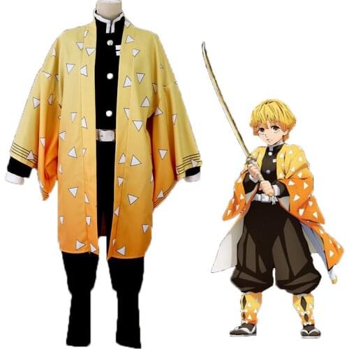 Anime Demon Slayer Kimetsu No Yaiba Cosplay Costume Suit Agatsuma Zenitsu Kimono Wig Adult Child Uniform Halloween