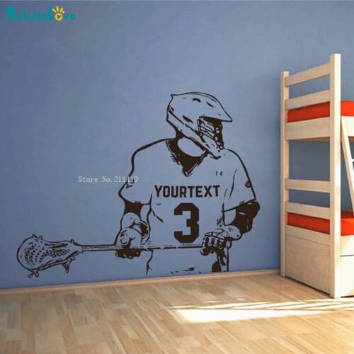 Handsome Male Athlete Wall Decals Lacrosse Player Home Art Decor Boys Room Custom Name and Number Murals YT5478