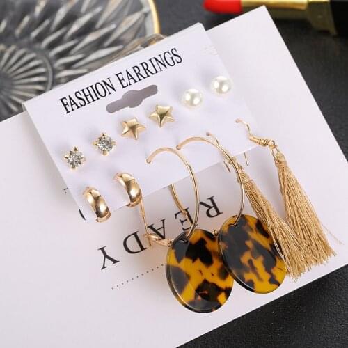 Trendy mixed crystal rhinestone simulated pearl earrings set leopard print long tassel hanging dangle drop earrings for women