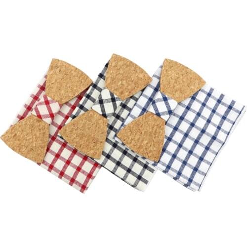 Novelty Cork Wooden Butterfly Tie Set For Men Plaid Handkerchief Imitation Wood Bowtie Wedding Dress Design Fashion Party Gift