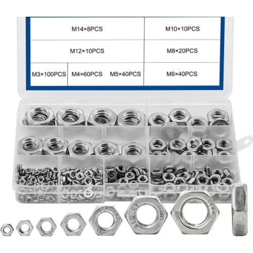 288pcs Hex Hexagon Thin Nuts Assortment Kit M3 M4 M5 M6 M8 M10 M12 304 Stainless Steel Metric DIN439 Hex Thin Nuts Set