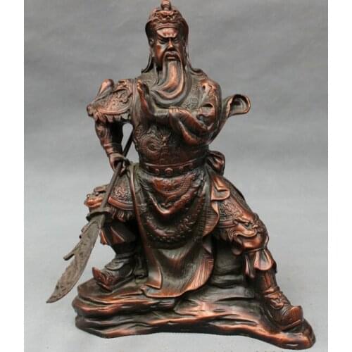 Song voge gem S3085 10" Folk Chinese Pure Bronze Dragon Head Warrior Sitting GuanGong GuanYu Statue