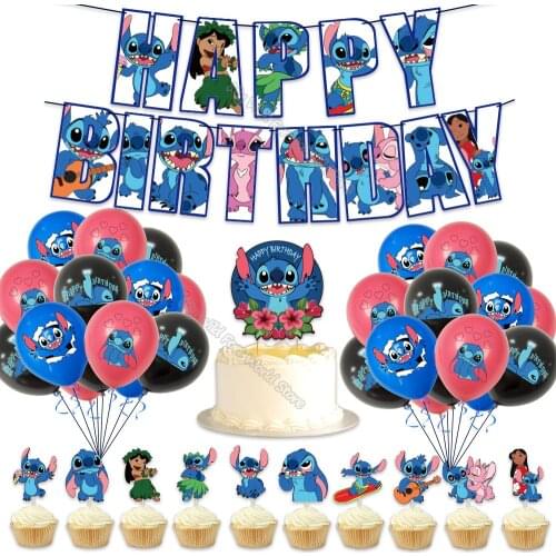 Stitch Party Supplies Child Birthday Party Cake Flag Decorating Game Anime Figure Cartoon Printed Banner Round Latex Ballon Gift