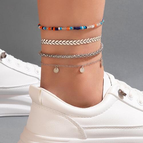 Tocona Colorful Beaded Anklets for Women Charms Leaf Gold Wafer Alloy Metal Adjustable Foot Chain Bohemian Jewelry 16535