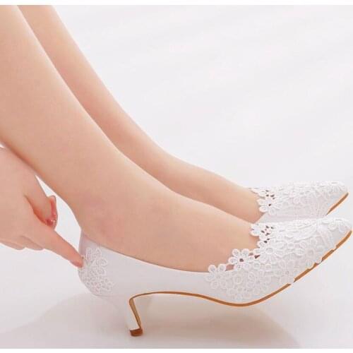 White lace high heels wedding shoes bridal party shoes ladies shallow mouth pointed stiletto shoes 5 cm