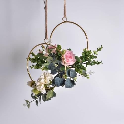 2 Pcs/lot Wedding decoration Wrought iron geometric wreath hanging ornament Artificial Rose flowers Wreath For home decoration