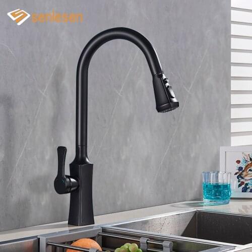 Senlesen Kitchen Pull-out Faucet Sink Splash-proof Retractable Black All Copper Rotatable Household Hot and Cold Water