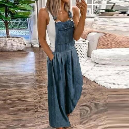2021 spring off-shoulder denim jumpsuit womens loose casual trousers strappy jumpsuit summer sleeveless pocket beach overalls