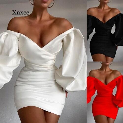2021 Autumn Winter Women White Black Satin Corset Dress Puff Sleeve Sexy Strapless Bodycon Elegant Party Mini Dresses