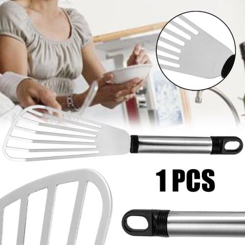 1PC Stainless Steel Flat Fish Slices Frying Spatula Leaky Shovel Useful Silver Kitchen Cooking Tools Approx 25x5.9CM