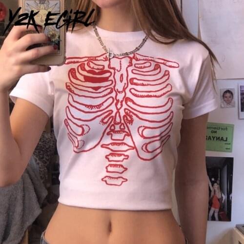 Y2K EGIRL Pastel Goth O-neck Basic Short Sleeve T-shirts Y2K Aesthetics Skeleton Print Punk Crop Tops E-girl Streetwear Summer