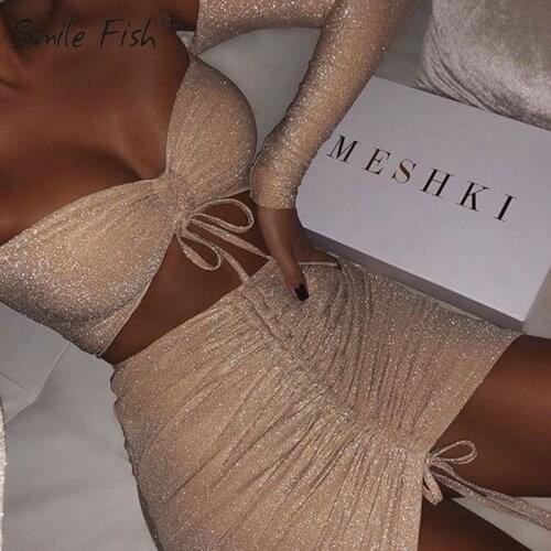Shining Crop Tops Mini Skirts Sexy Bandage Outfits Dress Women Lace Up Ruched Party Club Two Piece Sets Sparkle Tracksuits LX208