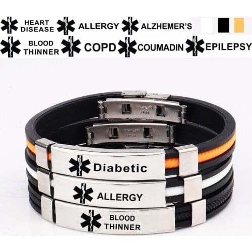 Black Silicone Medical Alert ID Bracelet Laser Engraving Diabetes Bracelets Stainless Steel Custom Name Bracelet Personalized