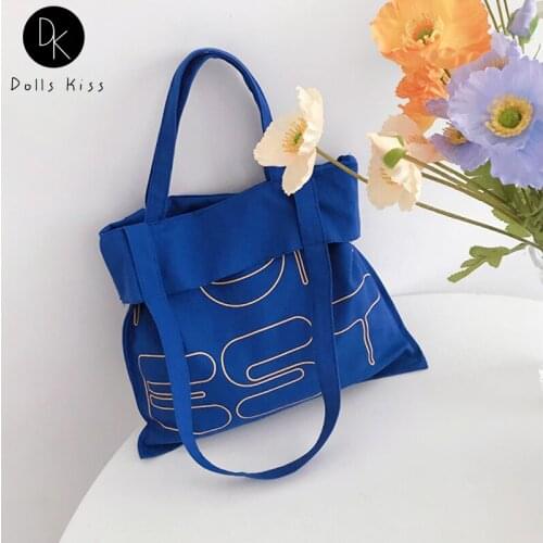 Ladies Canvas Shopping Bags Women Retro Letter Printing Shoulder Bag Female Blue Eco-Friendly Grocery Bag Casual Totes for Girls