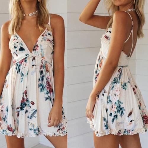 Summer Casual Sexy Women Dresses Fashion Backless Floral Print Dress Stylish Sleeveless Dress for Ladies Female