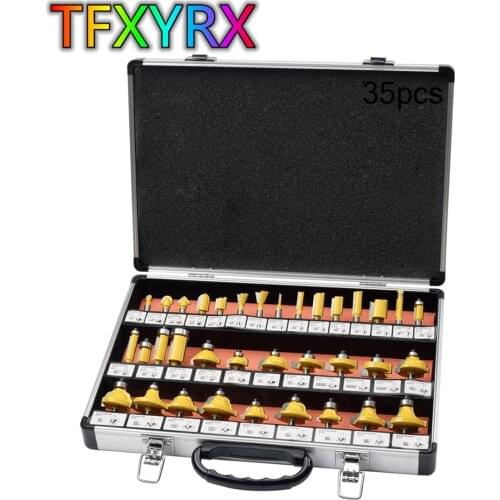 35pcs 8mm 1/4 1/2 Inch Shank Tungsten Carbide Router Bit Set Woodworking Milling Cutters Trimming Knife Wood Tools with Case Box