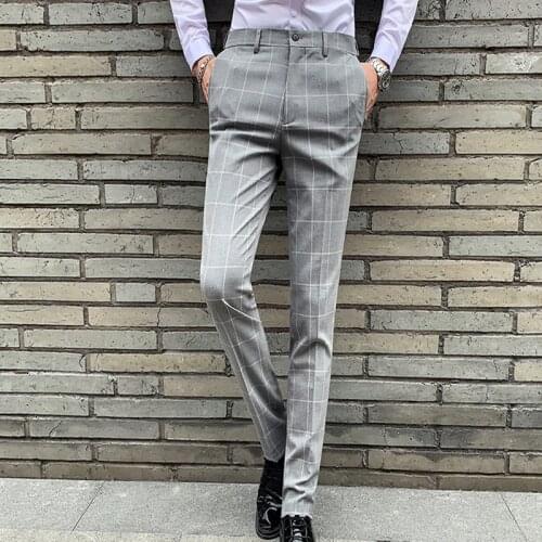 2021 New Brand Mens Checked Pants Leisure Elastic Pants Tight Work Pants Mens Classic Wear
