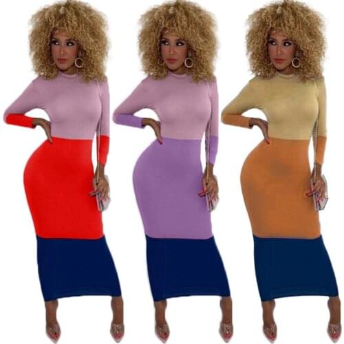 Fnoce autumn Womens dress Fashion Casual o-Neck Long Sleeve Color matching Sexy buttocks elegant dress