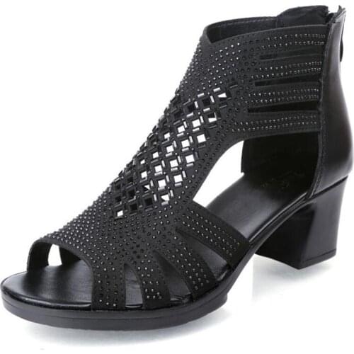 Hot 2020 New Summer Fish Mouth Rhinestone Cowhide Leather Sandals Comfort Non-slip High Heel Sandals Elegant Charm Women Sandals