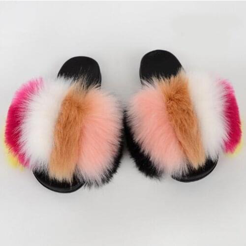 Solid Color Faux Fox Fur Slides Summer Ladies Furry Sandals Casual Flat Shoes Fake Fur Slippers Drop Shipping Women Shoes 2020
