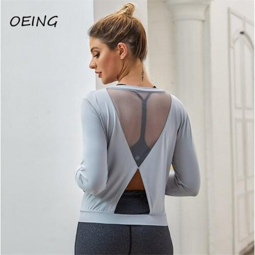 Open Back Mesh Patchwork Long Sleeve Fitness Shirts Yoga Gym Clothes Workout Dry Fit Sport Top