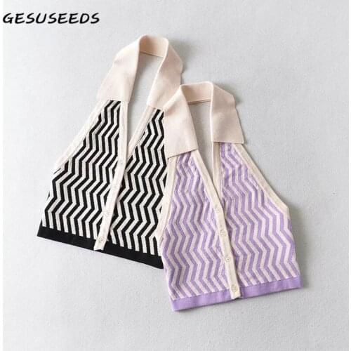 Sexy tank top women elegant polo collar tops knit summer crop top striped office lady backless cropped top button up tops black