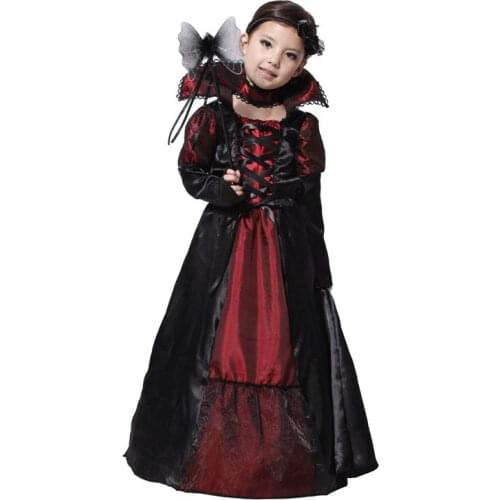 Halloween costume for kids Girls Vampire Queen Costume Long Slieeve Child Vampire Princess Cosplay Party Fancy Dress