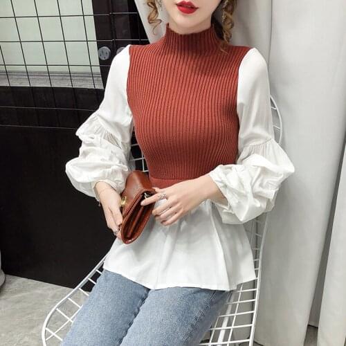 Knitted Patchwork Tops Office Ladies Fashion Elegant Pull Knitwear New Women Autumn Spring Tops Long Sleeve Turtleneck Sweater