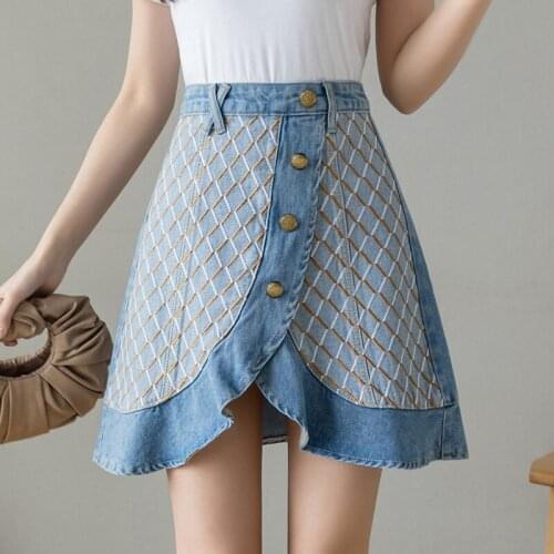 Personality Asymmetric Stitching Ruffled Rhombus Embroidered Mermaid Denim Skirt 2021 Summer New High Waist Skirts Streetwear