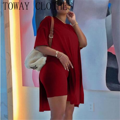 Summer Women Plain High Slit Short Sleeve T Shirt Top & Skinny Shorts Set 2021 New African Women Casual Long Tee & Short Lady
