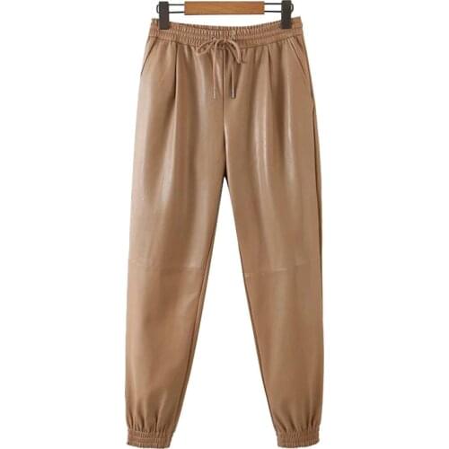 2021 New Women Fashion With Drawstring Faux Leather Pants Vintage High Elastic Waist Pockets Female Ankle Trousers Mujer